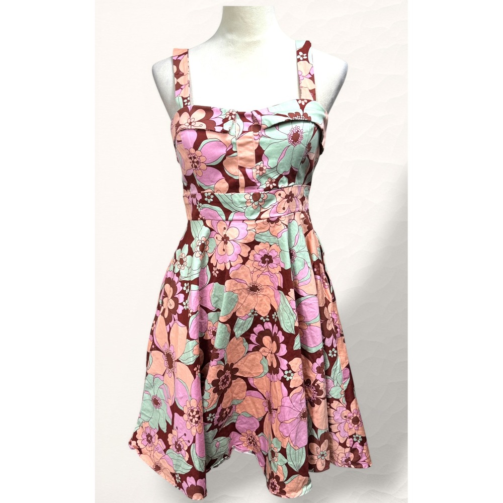 Eva Rose Floral Dress Womens L Multicolor Retro 70s Mod Fit & Flare Sleeveless